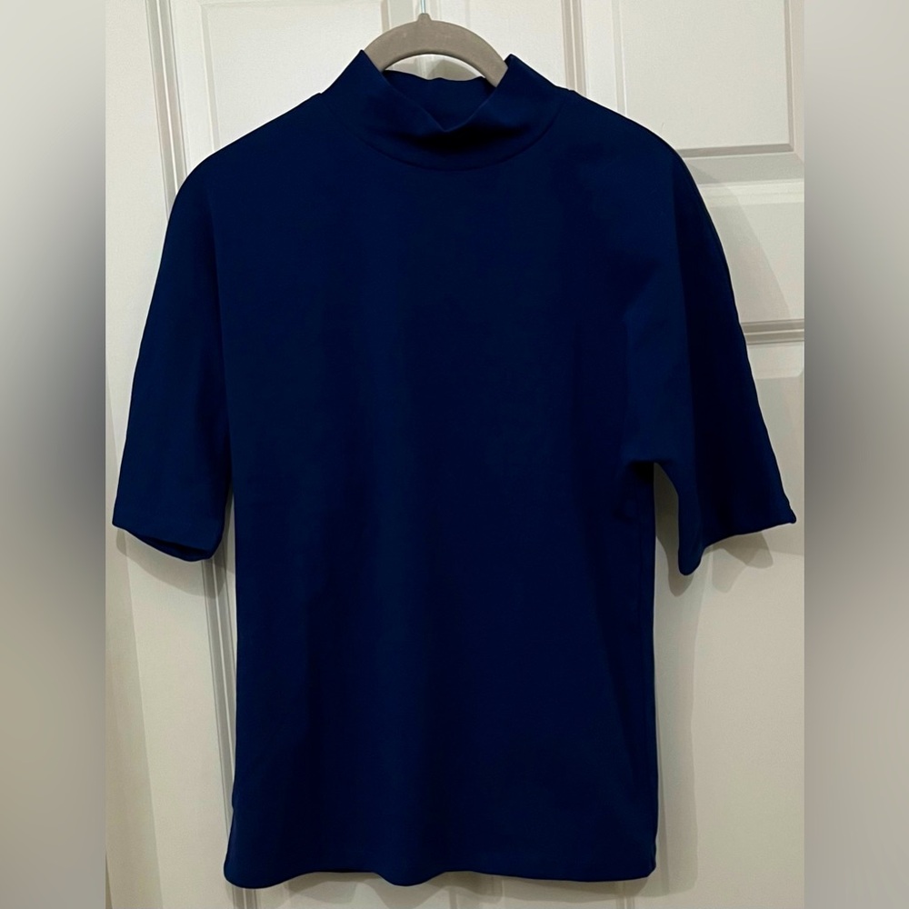 Ann Taylor Mock Neck Elbow Sleeve Top in Dark Deep Ocean, size Large